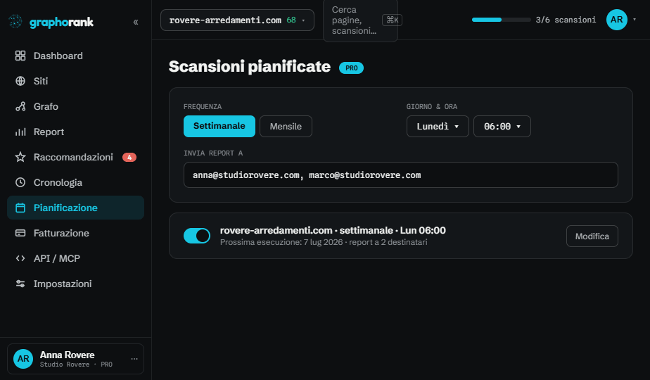 Scheduled scans view in the GraphoRank app