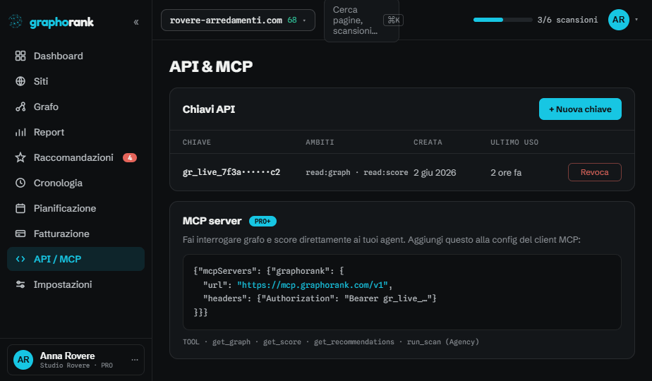 API and MCP configuration screen in the GraphoRank app